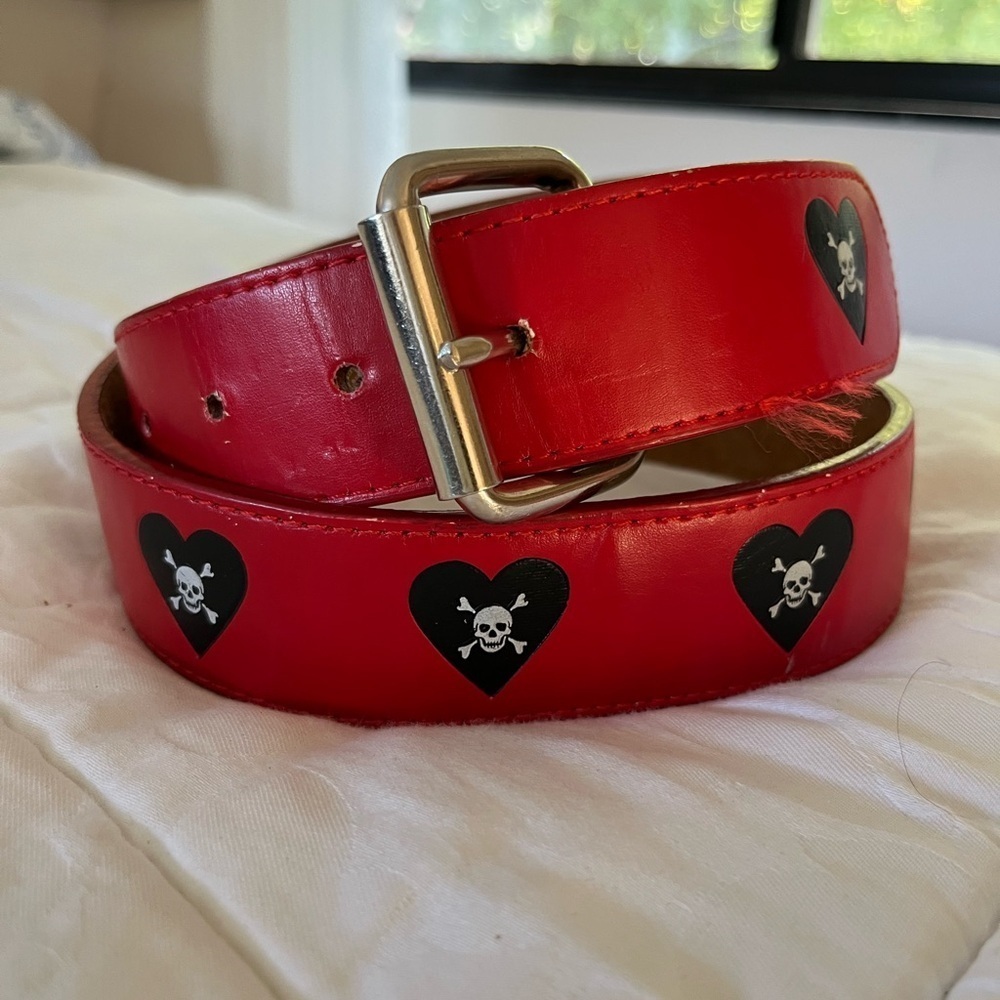 Red Leather Belt Punk Skull & Hearts Size 32
